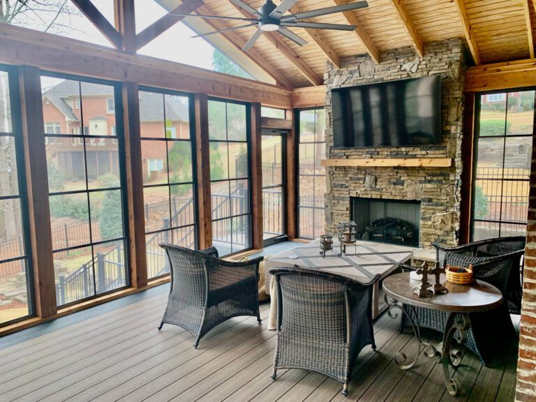 Trex Composite Decking Eze-Breeze Windows Stone Fireplace Screen Porch by Alabama Decks & Exteriors Birmingham