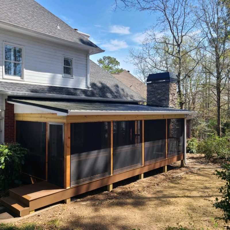 Screened In Porch w- Stone Outdoor Fireplace Tongue & Groove Ceiling - Shelby County Alabama Deck Contractors