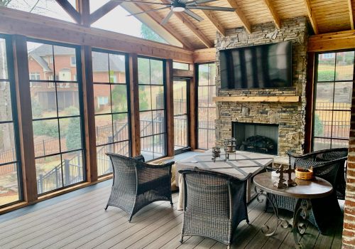 Trex Composite Decking Eze-Breeze Windows Stone Fireplace Screen Porch by Alabama Decks & Exteriors Birmingham